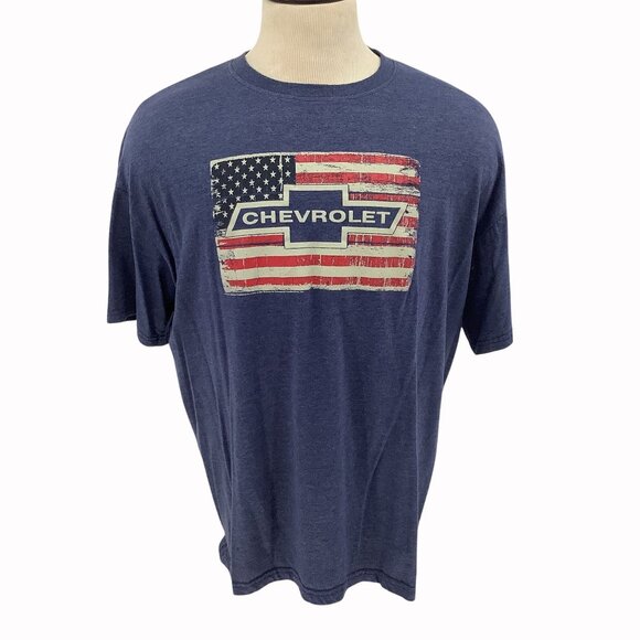 Chevrolet Vintage American Flag Graphic T-Shirt Navy Blue Soft Cotton Blend 2XL - Picture 1 of 5